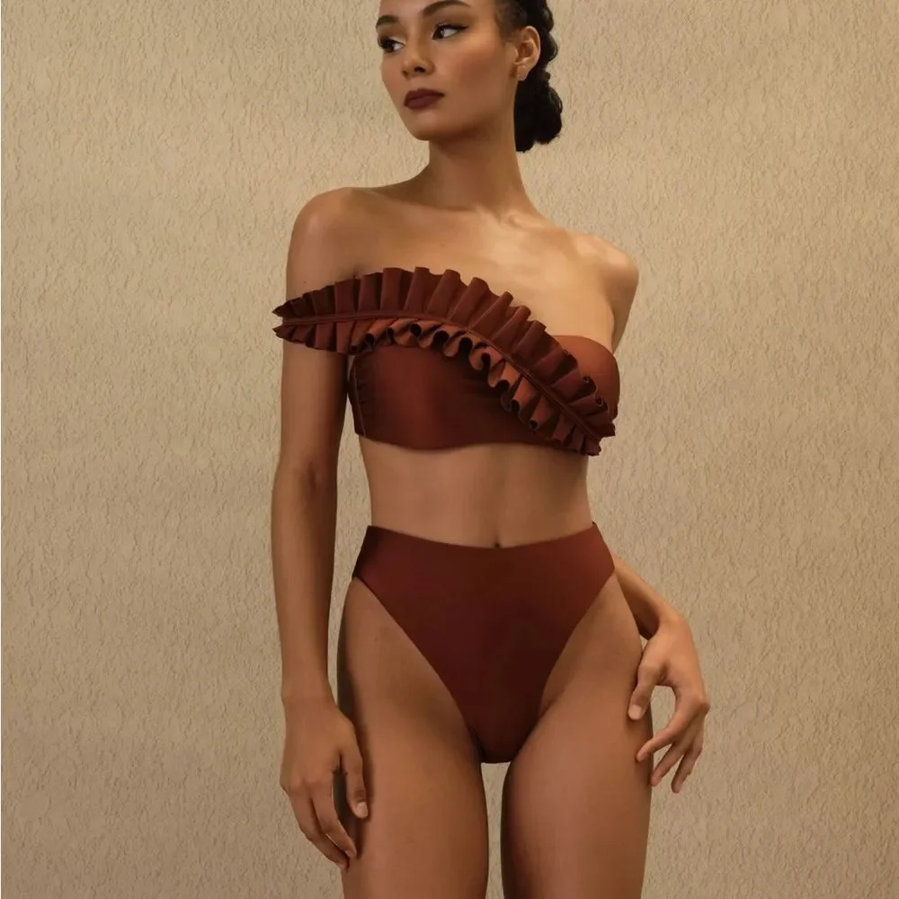 NWT Andrea lyamah 2 Piece LIVA Bikini in Chocolate Size Medium asymmetric ruffle